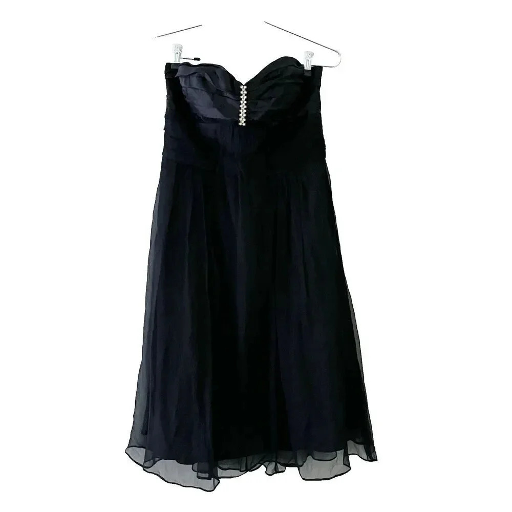 Signature By Robbie Bee Women Black A Line Silk Dress 8 Strapless Rhinestone LBD
